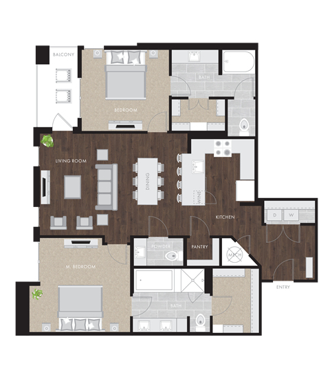 Floor plan for 2 beds, 2.5 baths, 1461 sqft
